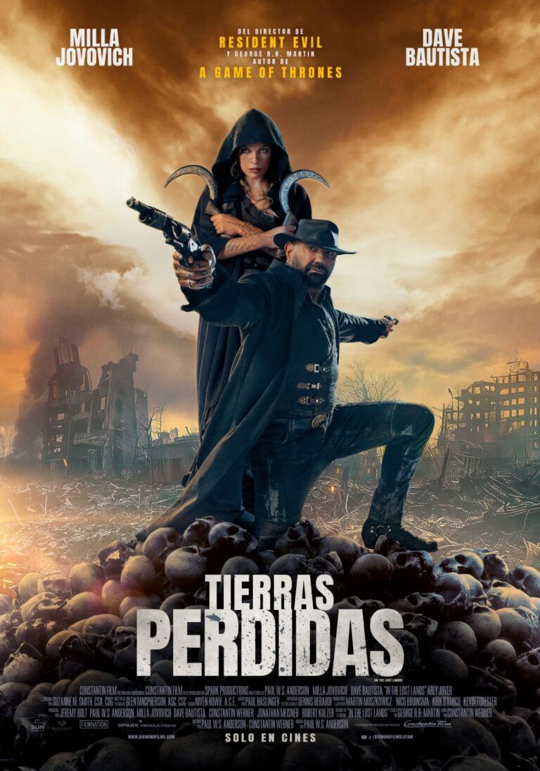 poster de tierras perdidas con dave bautista y Milla Jovovich
